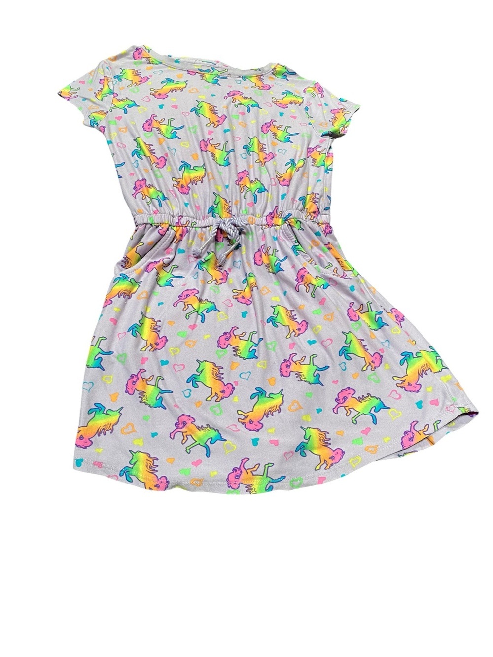 Girls' Lavender Unicorn Print Short Sleeve Drawstring Dress - Picture 2 of 3